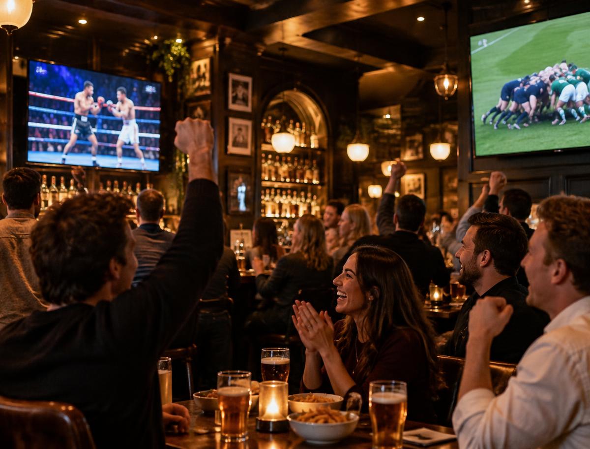 A sports bar crowd watching boxing and rugby on large screens