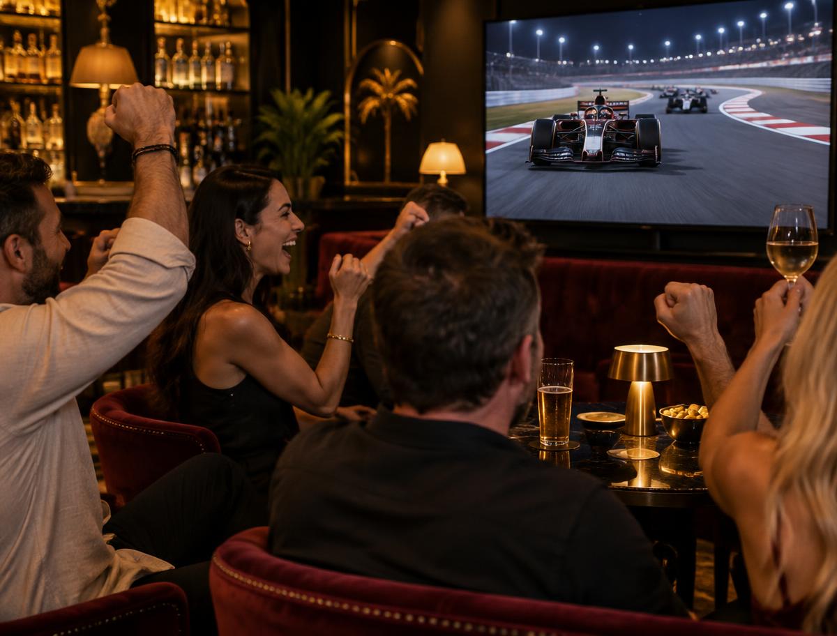 Friends watching a Formula 1 race in a lively bar